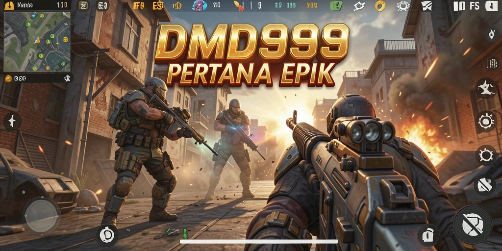 Gambaran aksi seru dalam DMD999 menembak musuh dengan berbagai senjata.