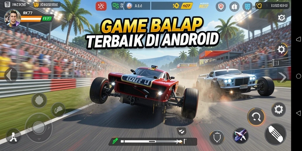 Tampilan gameplay yang mendebarkan dalam RK77 saat balapan.