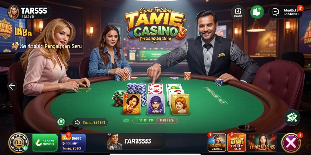 Screenshot TAR555 menunjukkan dealer profesional dan gameplay Live Casino yang interaktif.