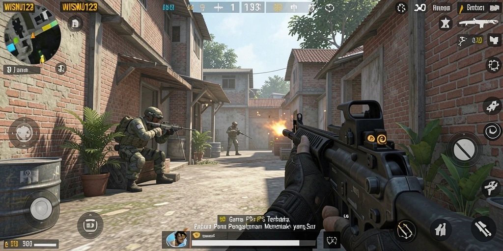 Screenshot gameplay intens WISNU123 menunjukkan aksi menembak yang seru.
